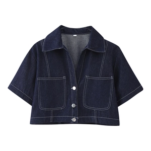 Dark blue denim short-sleeve shirt with white contrast stitching and silver buttons