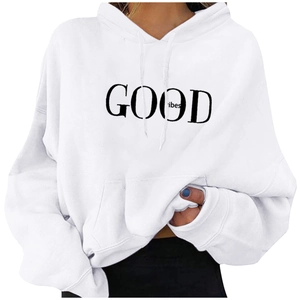 Men's casual white pullover hoodie featuring black Good Vibes print and front pocket