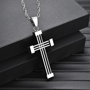 Silver stainless steel cross necklace with triple-bar detail on twisted chain