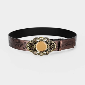 Detail of vintage brown embossed leather belt with bronze buckle and amber gemstone