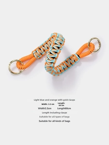 Detail of 3.3cm wide hand-woven bag strap in blue and orange with gold metal clasps