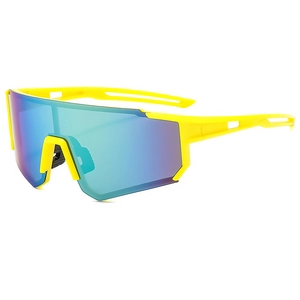 Retro rimless cycling sunglasses with yellow frame and gradient blue-purple lenses