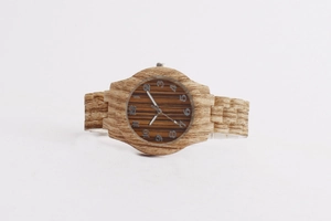 Close-up of wood grain fashion watch dial with clear numerals and vintage texture