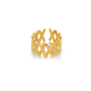 Detailed view of a gold-plated stainless steel ring featuring a ruffled texture design