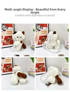 Detail view of cat plush crossbody bag showing front, side, and back plush textures