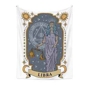 Detailed astrology wall tapestry showing Libra goddess with sun and moon scales design
