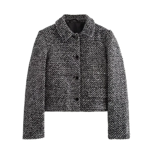 Women Sequin Tweed Jacket Elegant Long Sleeve Single Breasted Cropped Outerwear Fashionable Socialite Style Casual Coat