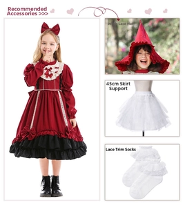 Close-up of Spanish Lolita dress accessories including witch hat, petticoat, and lace socks