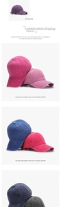 Detail view of washed cotton baseball caps in multiple colors and vintage textures