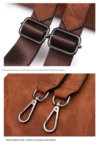Detail of adjustable nylon strap with gunmetal hardware on brown multi-functional backpack