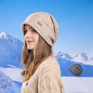 Bonnet Tricoté Pour Femmes Acrylique Rayé Brillant Hiver Chaud Coupe-Vent Extérieur Couvre-Chef Décontracté