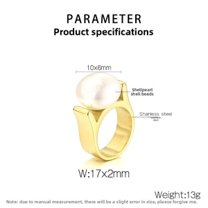 Detailansicht des Gold-Edelstahlrings mit Maßen und der 10x6mm Muschelperle