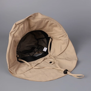 Khaki outdoor sun hat with black mesh lining and adjustable chin strap