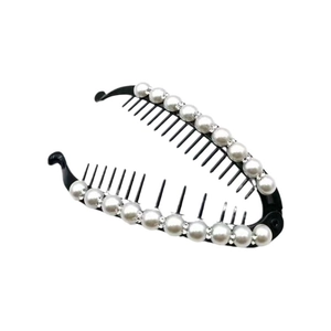 Pince à cheveux banane noire en acrylique avec perles blanches et strass étincelants