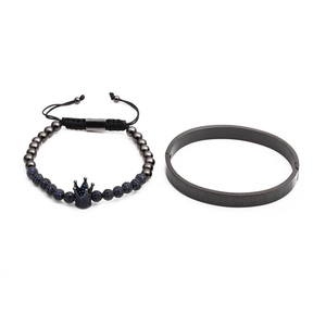 Men's Roman numeral bracelet set with blue crown bead charm and black matte finish