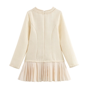 Elegante abito in tweed a maniche lunghe per bambine con gonna a pieghe e pizzo