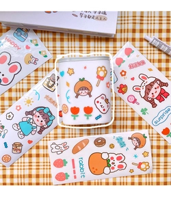 DIY white plastic storage bucket featuring cute rabbit and strawberry PVC stickers