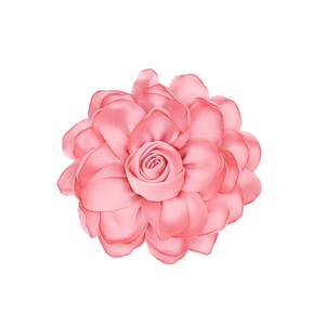 Detailed top view of handmade pink satin fabric flower for hair accessories and corsages