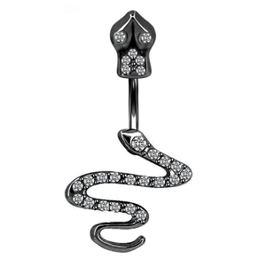 Detail of black skull and snake navel ring with sparkling white cubic zirconia stones