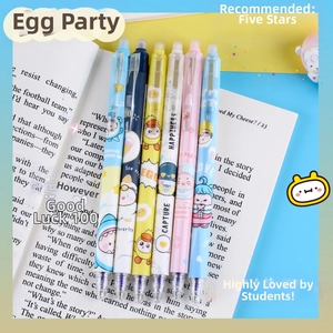 Detail shot of 6-pack erasable gel pens featuring cartoon bear prints on open book