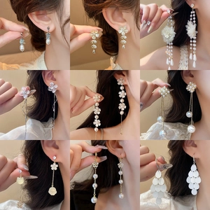 Flower Artificial Pearl Tassel Dangle Earrings With 925 Sterling Silver Earring Post Alloy Rhinestone Elegant Chic Jewelry Women