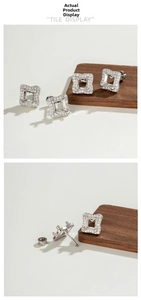 Detailed views of 5mm square geometric earring mounting with silver cubic zirconia inlay