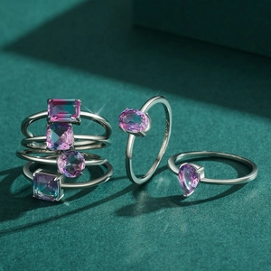 Minimalist S925 sterling silver ring with gradient purple and pink gemstones in multi-cuts