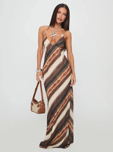Tie-dye V-neck maxi dress with tie-back straps and brown beige gradient pattern detail