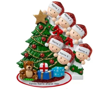 Detailed view of customizable 6-member family Christmas tree resin hanging ornament
