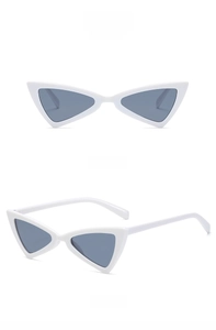 Front and side views of white triangular cat-eye sunglasses with dark grey lenses