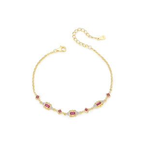 S925 silver vintage gold bracelet with ruby-red stones and sparkling pavé diamonds