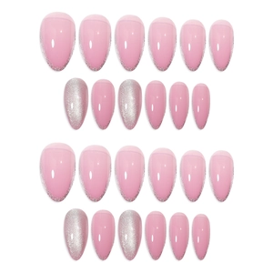 Pink cat eye press-on nails with silver glitter French tips and almond shape set of 24