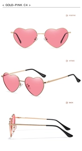 Three-view technical showcase of vintage heart-shaped sunglasses with pink lenses and gold frame