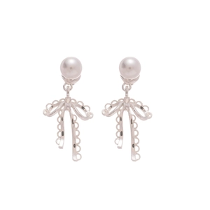 Silver bow pearl drop earrings with elegant lace design for women in minimalist style