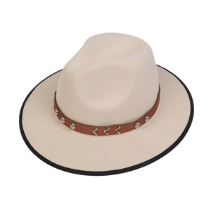 Detail of wool fedora hat featuring a brown leather band and metal V-shaped buckle