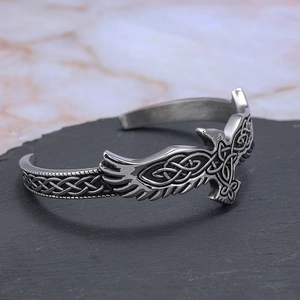 Vintage stainless steel Viking eagle open cuff bracelet with Nordic knotwork on stone