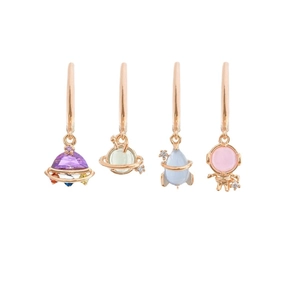Space-themed 18K gold earrings set with colorful zircon stones featuring UFO and rocket