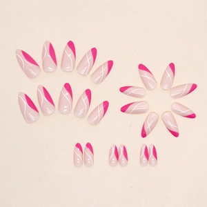 Almond press-on nails with rose red french slant lines and pink wave patterns