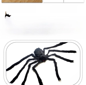 Detailed view of giant plush black spider with red eyes for Halloween party decoration