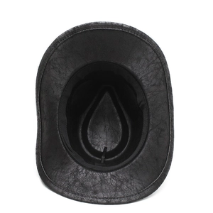 Detail of the black distressed leather western hat with interior sweatband reinforcement