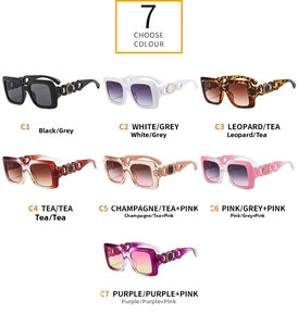 Grid view of square oversized sunglasses in seven colors with unique metal chain temples