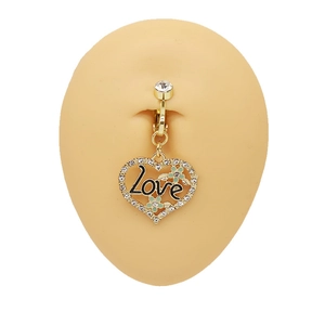 Golden heart navel ring with Love engraving and rhinestones shown on a skin model