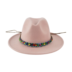 Pink wool fedora hat with ethnic colorful beaded trim and bohemian braided band accents