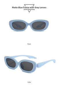 Detail view of oval sunglasses with sand blue matte frames and wide temple arms