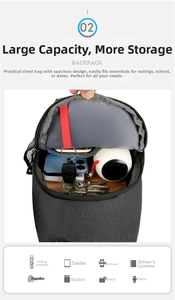Interior view showing the large capacity and organized compartments of the black chest bag