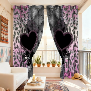 Detail view of pink leopard and heart motif curtains with metal grommets
