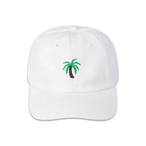 Close-up of green coconut tree embroidery details on a white baseball cap