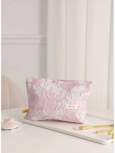 Pink embossed floral jacquard makeup bag with large capacity and elegant gold handle