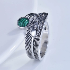 Vintage silver S925 peacock feather open ring with green malachite stone for women
