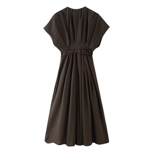 Elegant deep brown V-neck maxi dress with pleated back design and waist tie detail